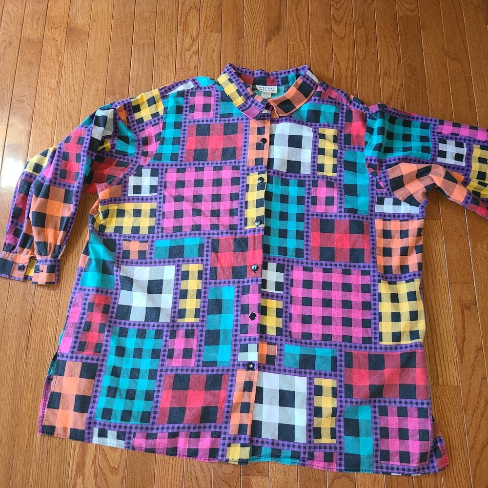 80s Special Preview Patchwork Button Up Shirt Women's Sz 4X Mixed color plaid - Picture 2 of 8